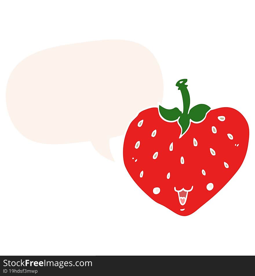 cartoon strawberry and speech bubble in retro style