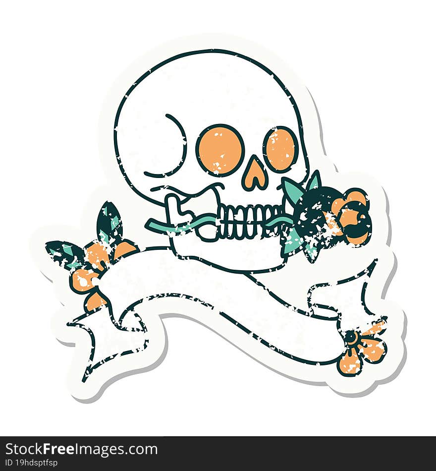 grunge sticker with banner of a skull