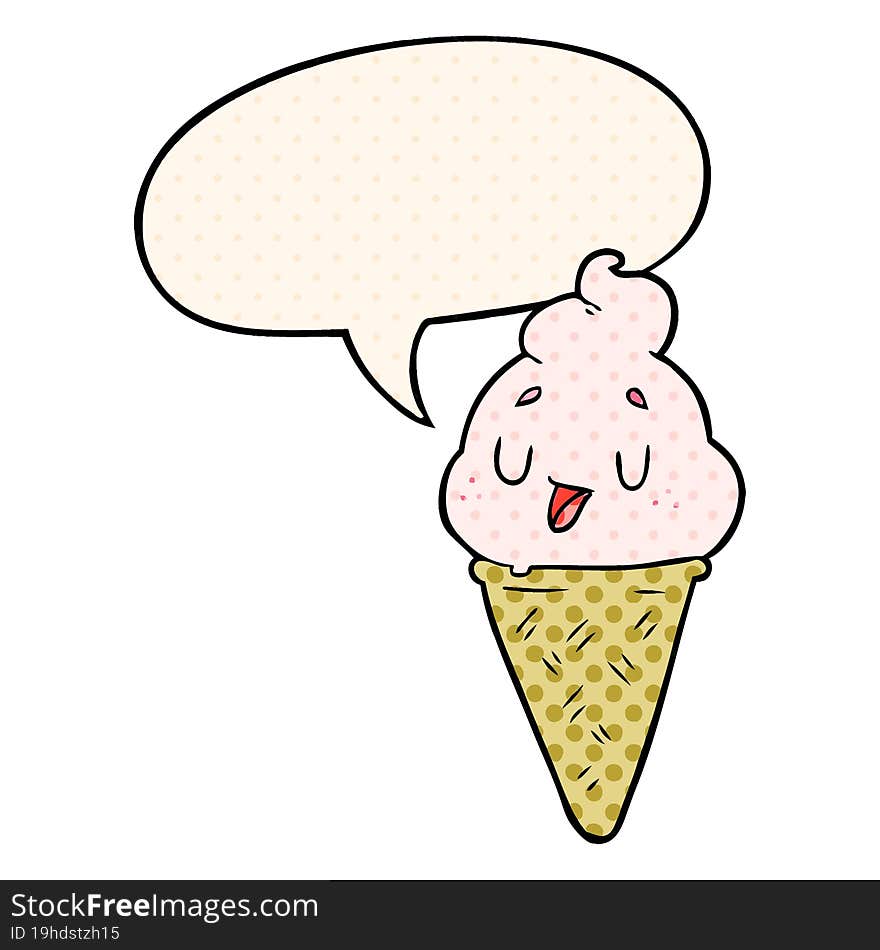 cute cartoon ice cream and speech bubble in comic book style