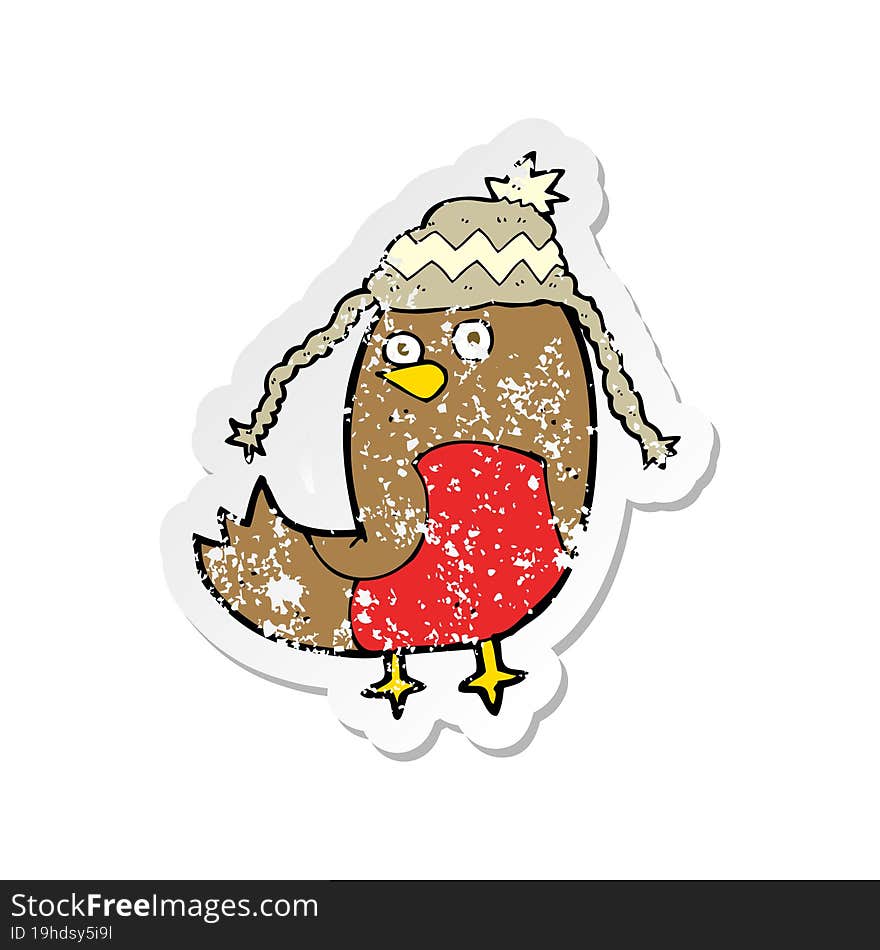 Retro Distressed Sticker Of A Cartoon Robin In Hat