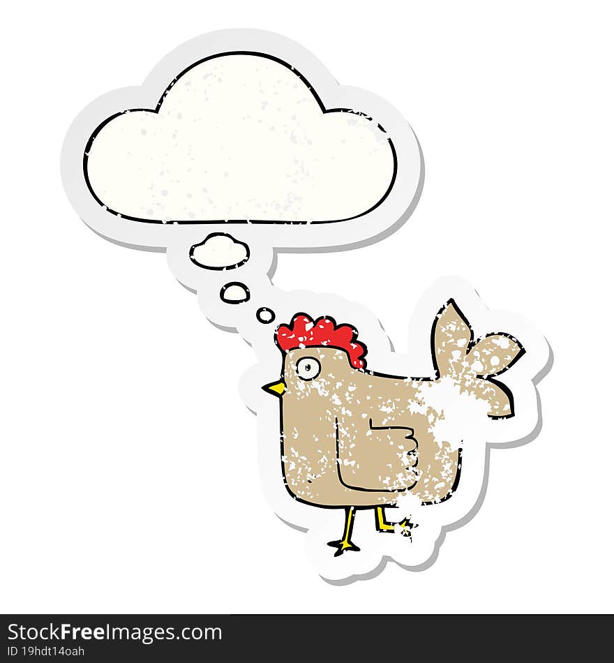 cartoon chicken with thought bubble as a distressed worn sticker