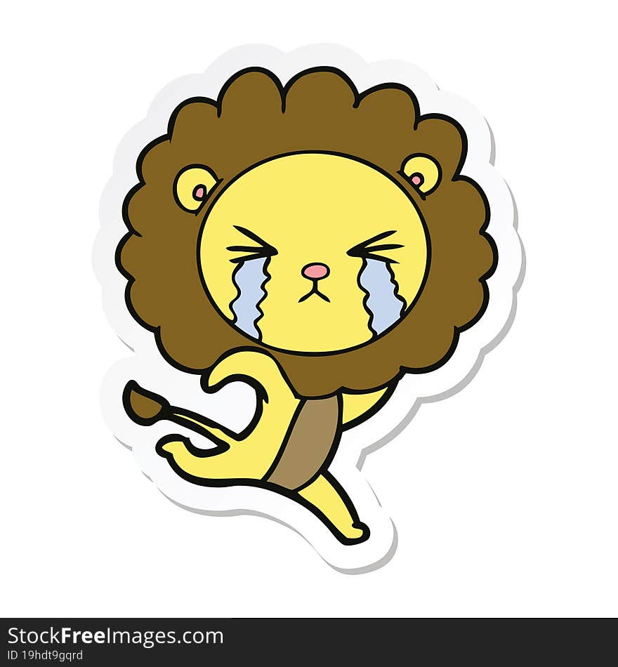 sticker of a cartoon crying lion running away