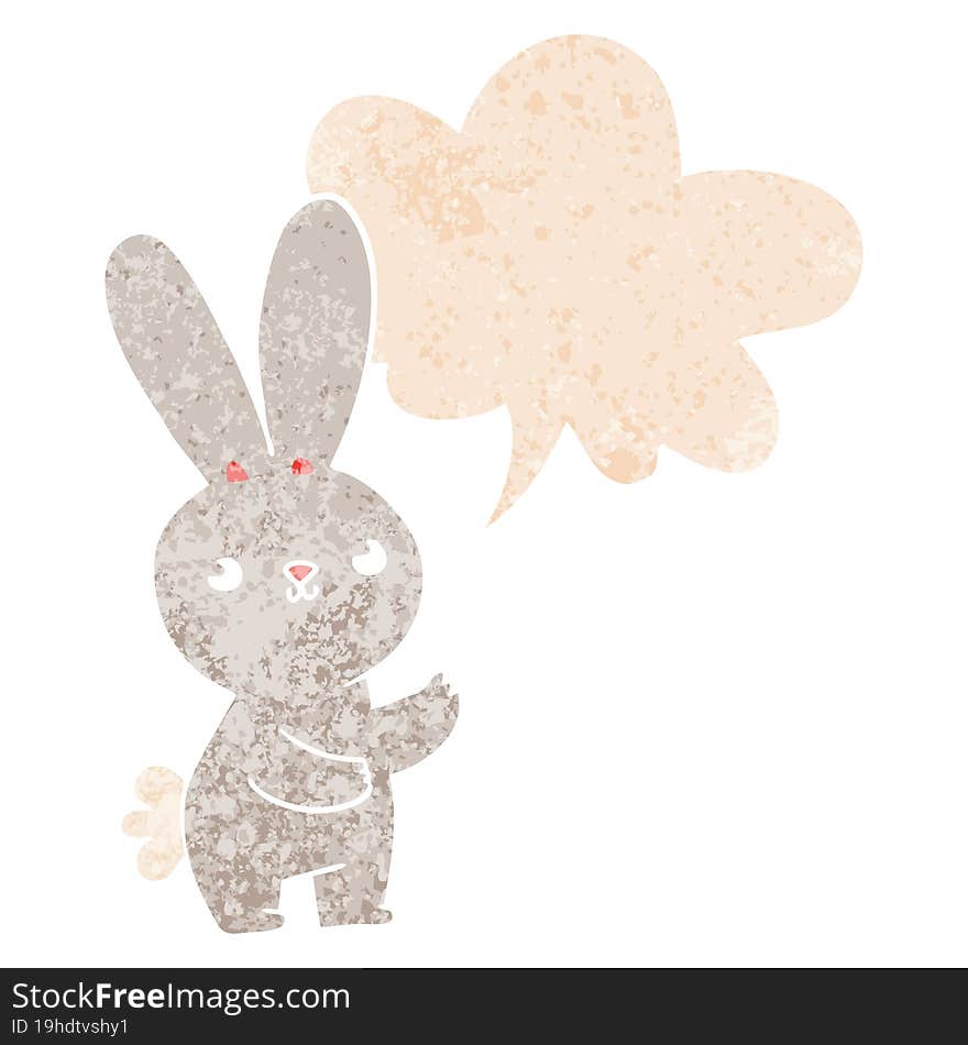 cute cartoon rabbit and speech bubble in retro textured style