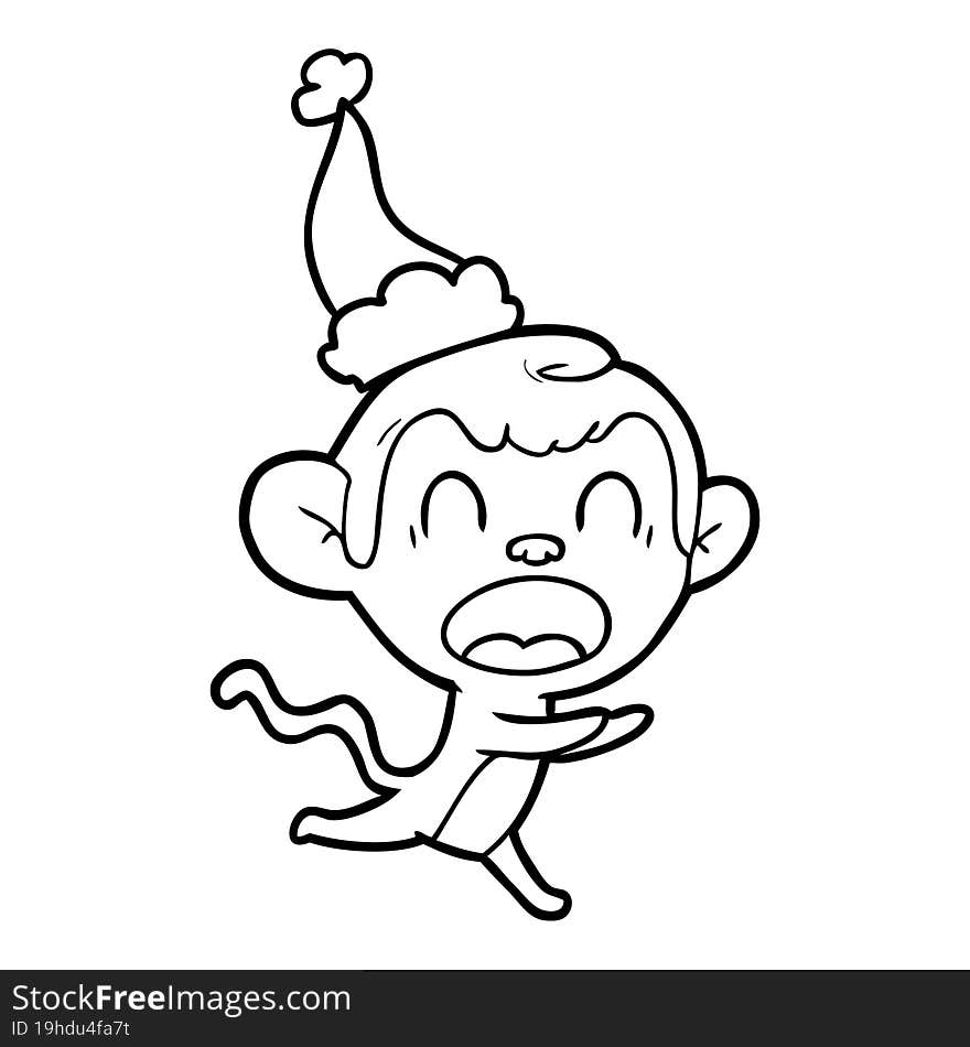 shouting line drawing of a monkey wearing santa hat