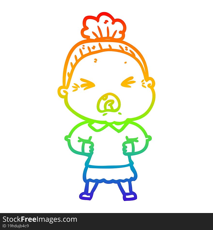 rainbow gradient line drawing cartoon angry old woman