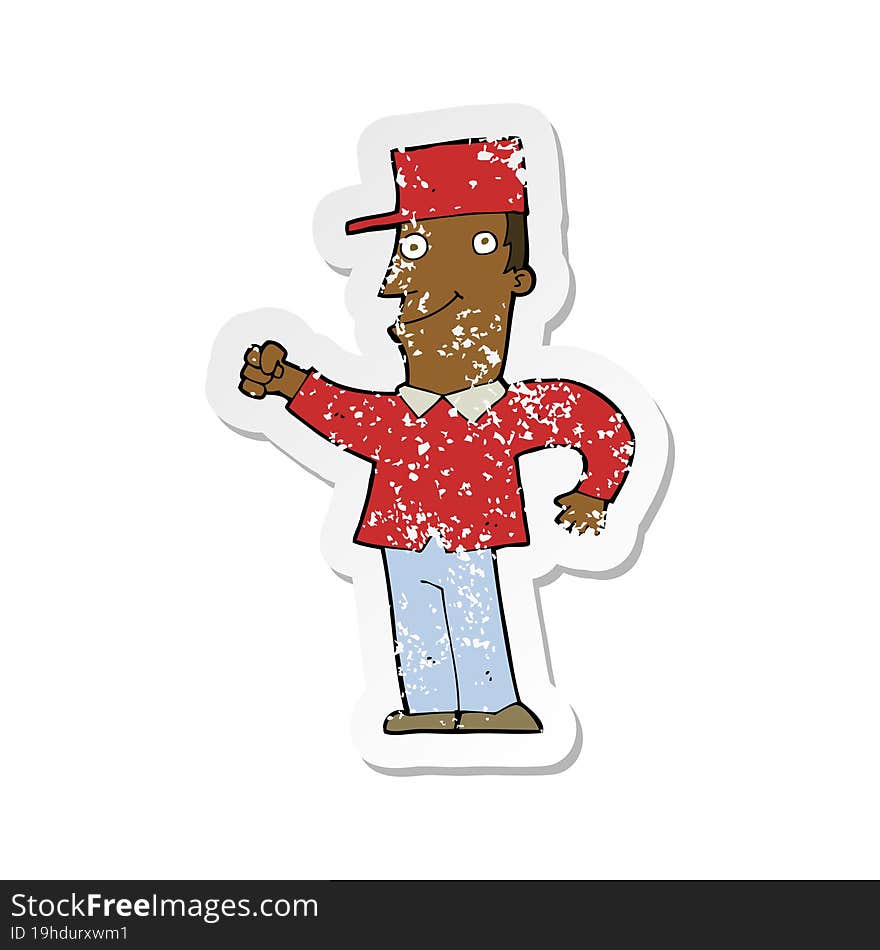 retro distressed sticker of a cartoon man punching air