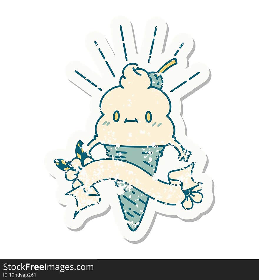 grunge sticker of tattoo style ice cream character