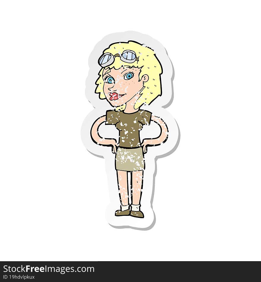 retro distressed sticker of a cartoon retro pilot woman