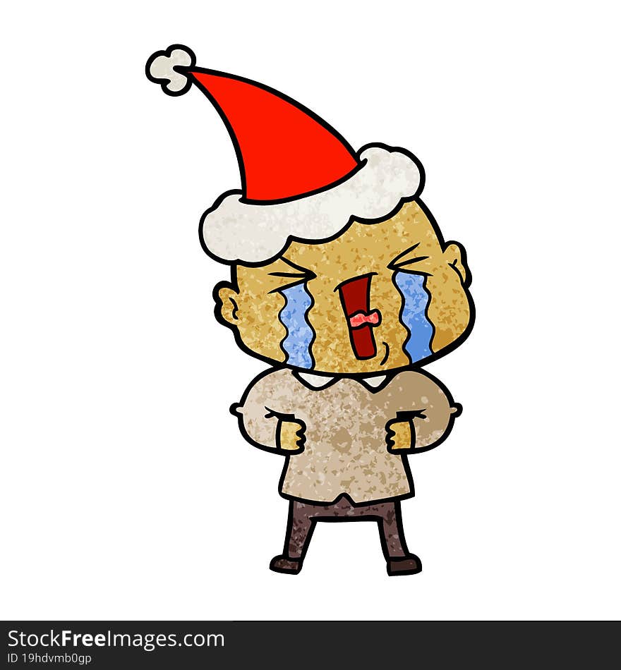 textured cartoon of a crying bald man wearing santa hat