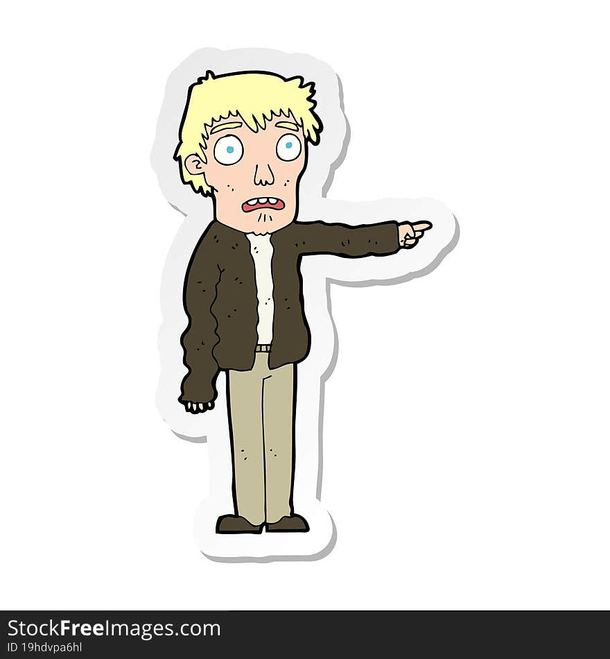 sticker of a cartoon terrified man pointing