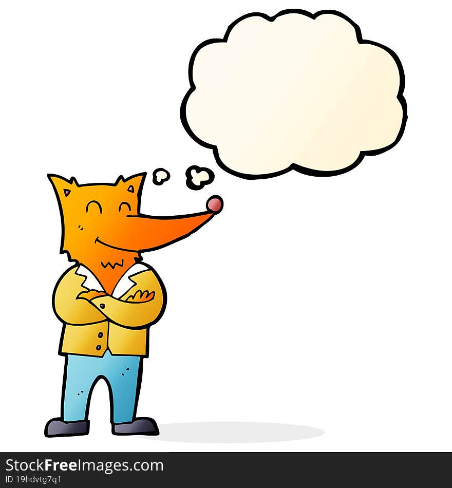 cartoon fox in shirt with thought bubble