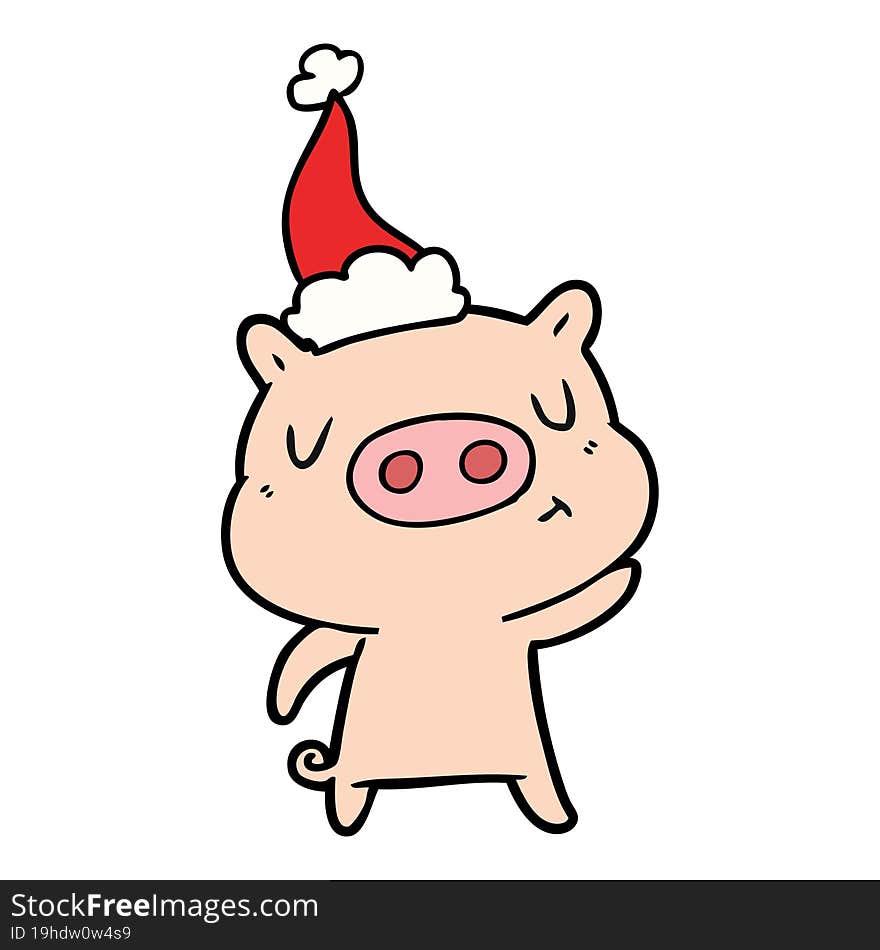 line drawing of a content pig wearing santa hat