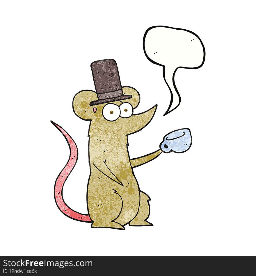 freehand speech bubble textured cartoon mouse with cup and top hat