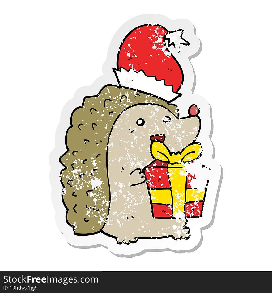 Distressed Sticker Of A Cartoon Hedgehog Wearing Christmas Hat