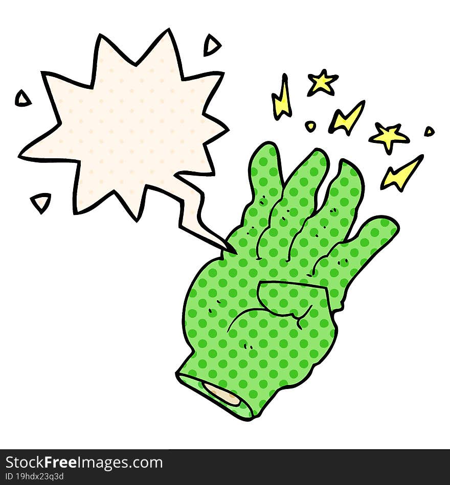 cartoon spooky magic hand with speech bubble in comic book style