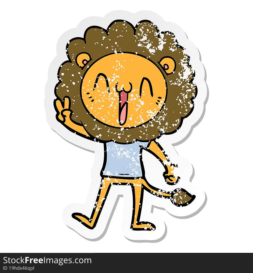 distressed sticker of a happy cartoon lion