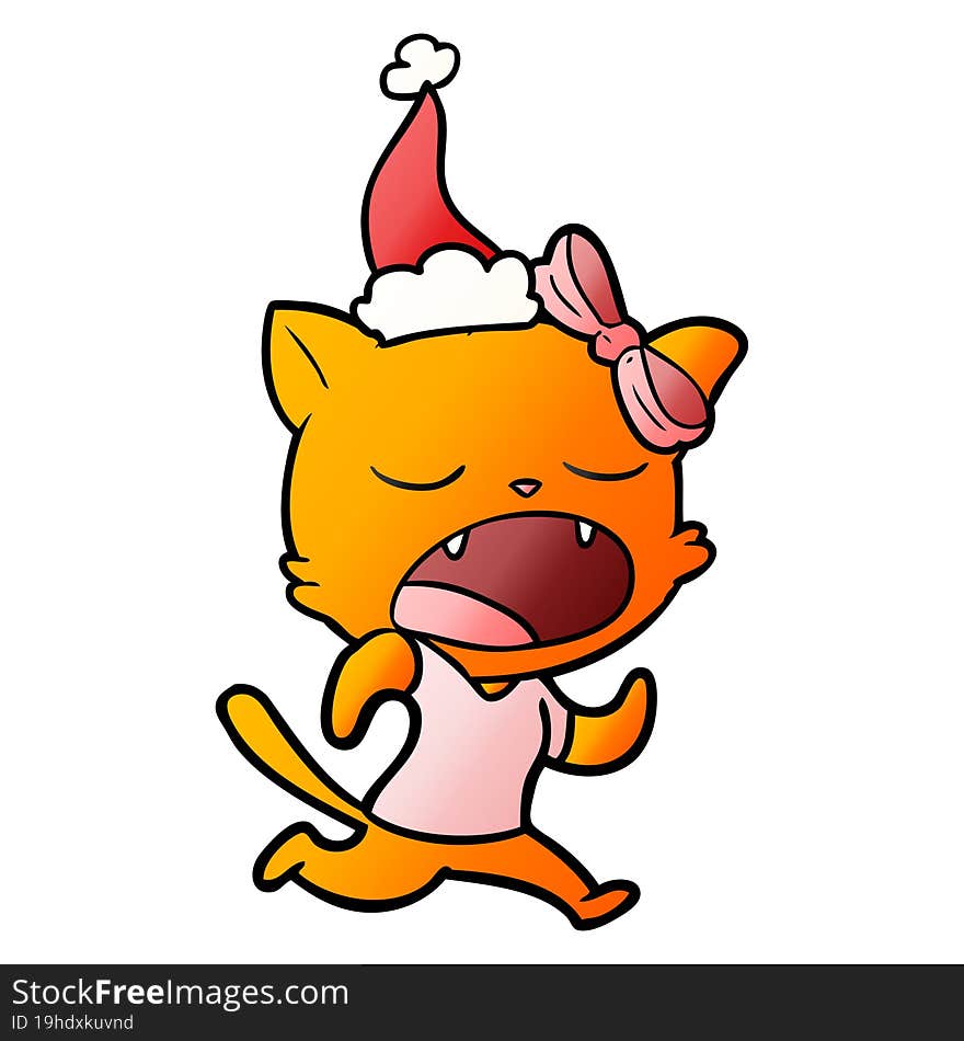 gradient cartoon of a yawning cat wearing santa hat