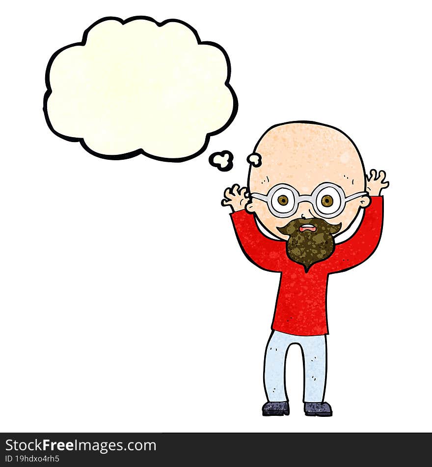 cartoon stressed bald man with thought bubble