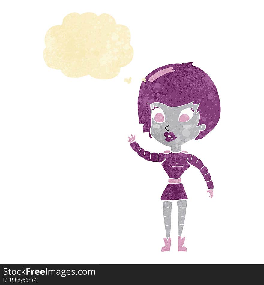 cartoon robot woman waving with thought bubble