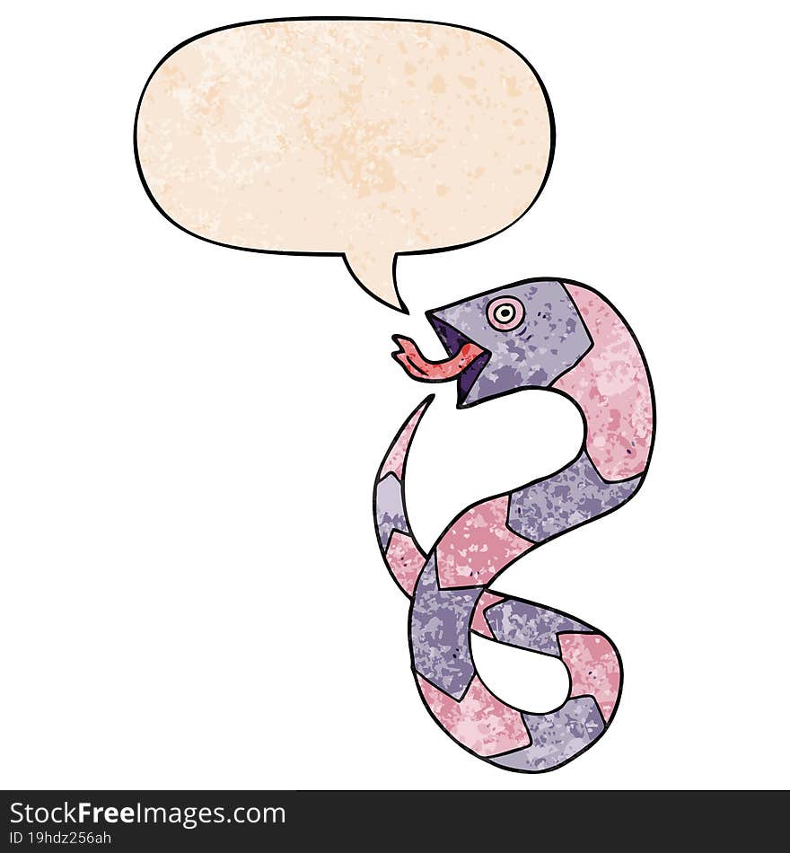 hissing cartoon snake and speech bubble in retro texture style