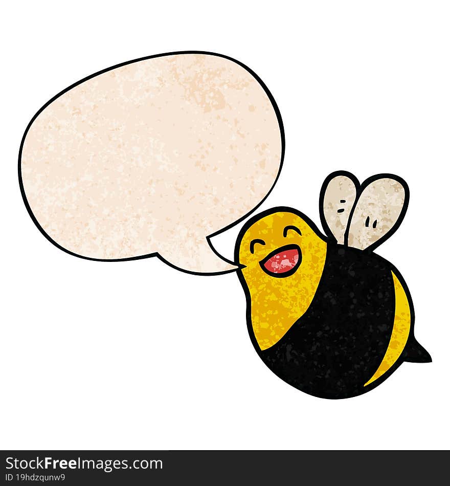 cartoon bee and speech bubble in retro texture style