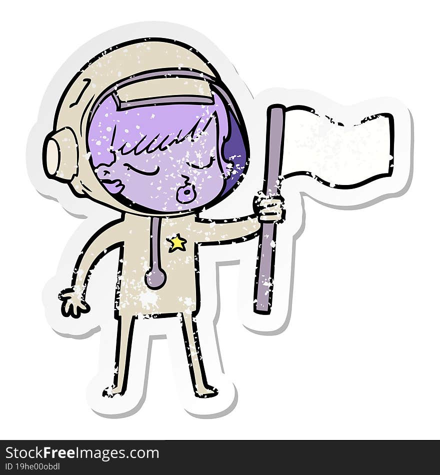 distressed sticker of a cartoon pretty astronaut girl planting flag