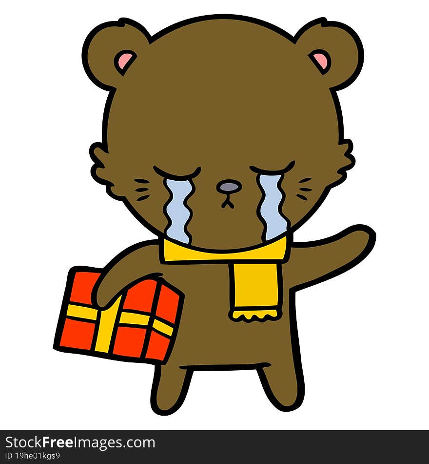 crying cartoon bear with present. crying cartoon bear with present