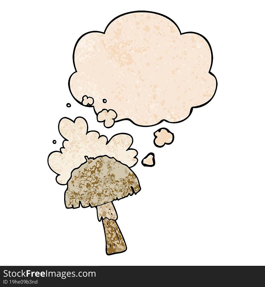 cartoon mushroom with spore cloud with thought bubble in grunge texture style. cartoon mushroom with spore cloud with thought bubble in grunge texture style