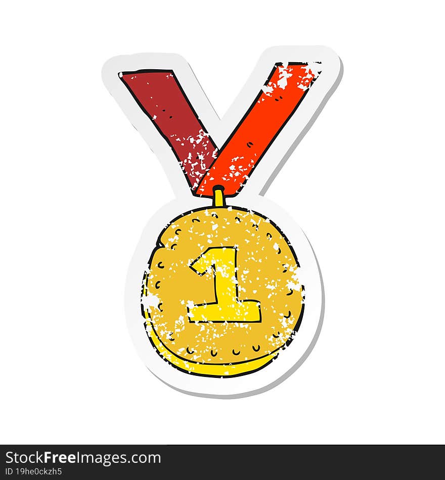 retro distressed sticker of a cartoon first place medal