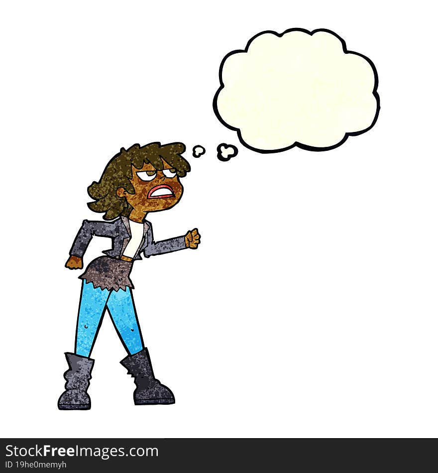 cartoon angry biker girl with thought bubble