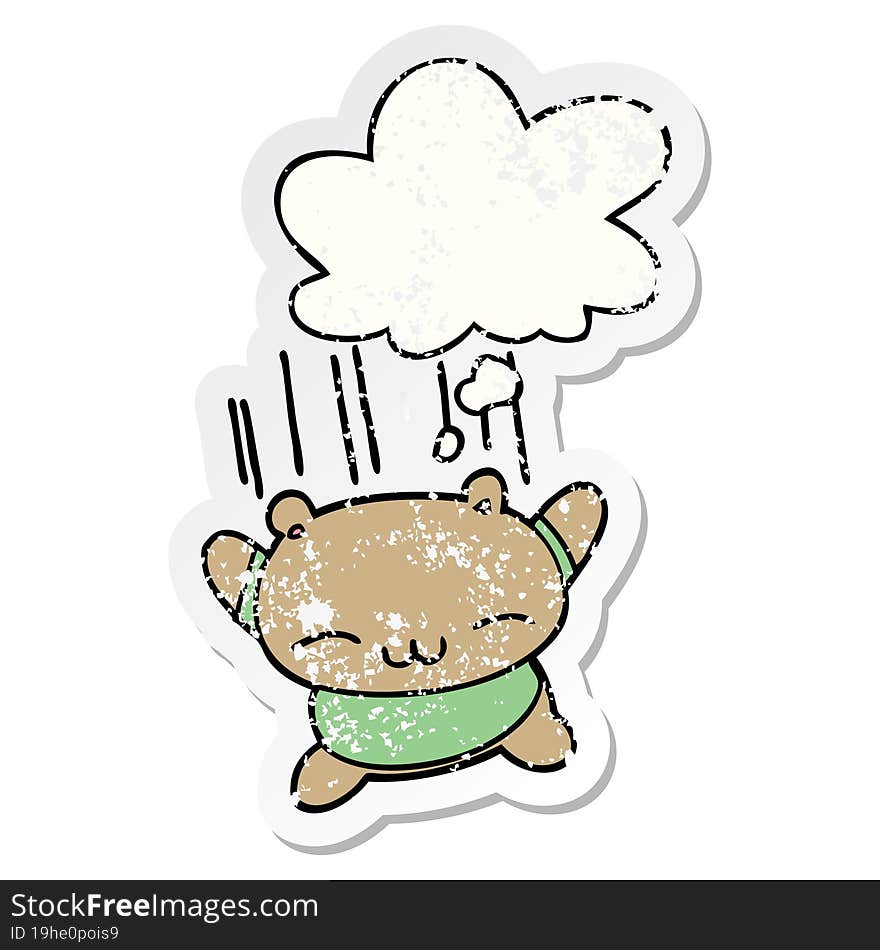 cartoon jumping bear with thought bubble as a distressed worn sticker