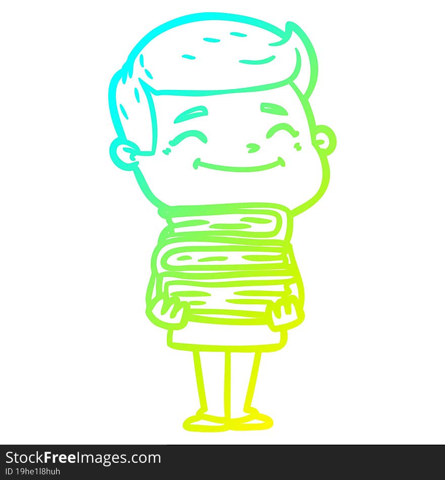 cold gradient line drawing happy cartoon man with stack of books