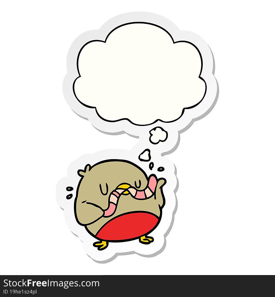 cartoon robin with worm with thought bubble as a printed sticker