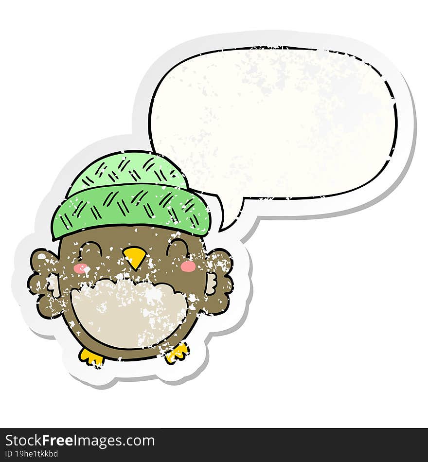 cute cartoon owl in hat and speech bubble distressed sticker