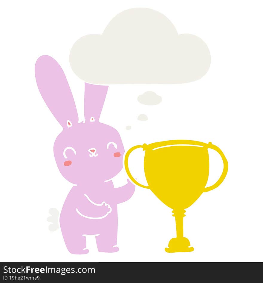 cute cartoon rabbit with sports trophy cup with thought bubble in retro style