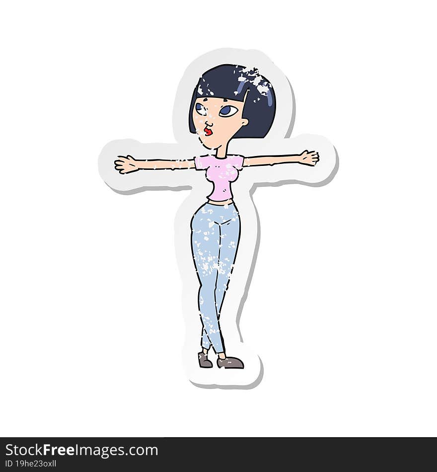 retro distressed sticker of a cartoon woman spreading arms