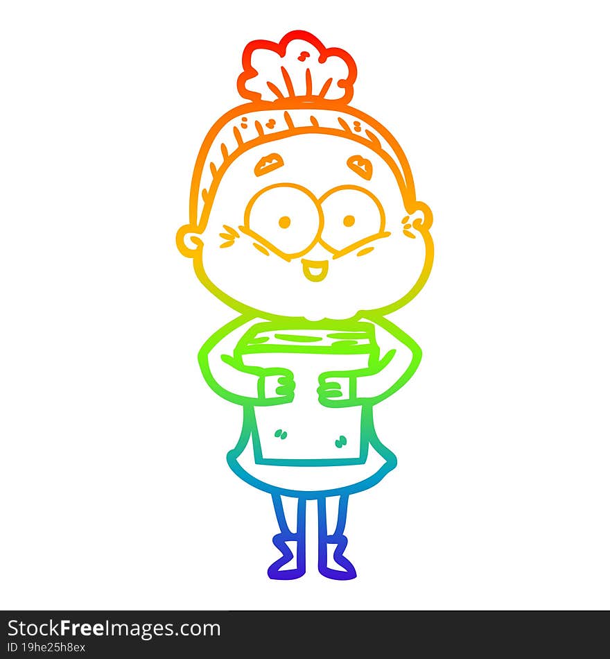 rainbow gradient line drawing of a cartoon happy old woman