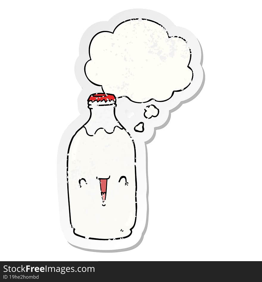 cute cartoon milk bottle and thought bubble as a distressed worn sticker