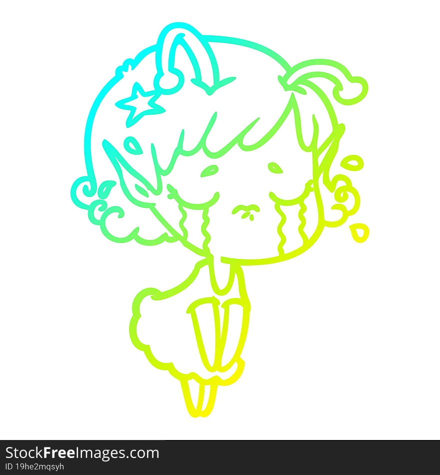 Cold Gradient Line Drawing Cartoon Crying Alien Girl