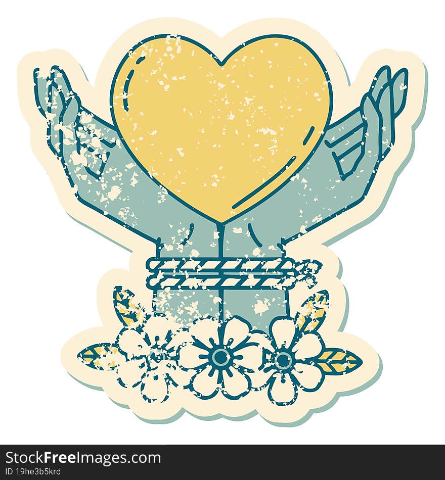 distressed sticker tattoo style icon of tied hands and a heart