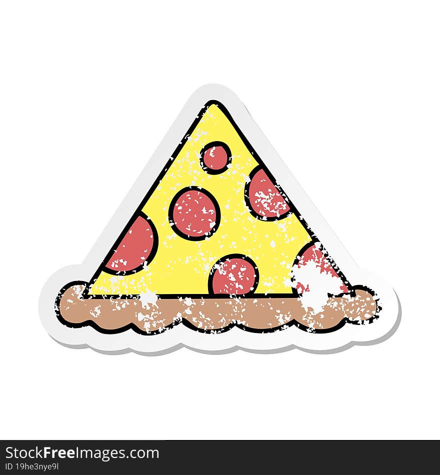 distressed sticker of a quirky hand drawn cartoon slice of pizza