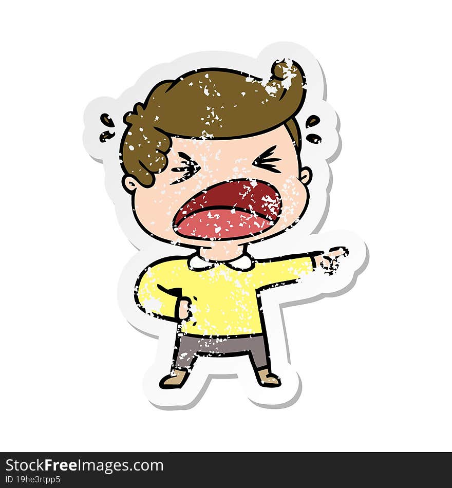 Distressed Sticker Of A Cartoon Shouting Man Pointing Finger