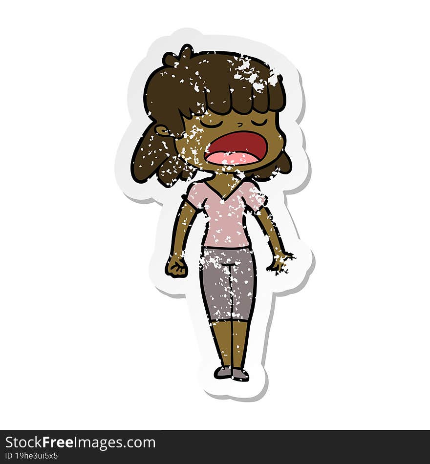 distressed sticker of a cartoon woman talking loudly