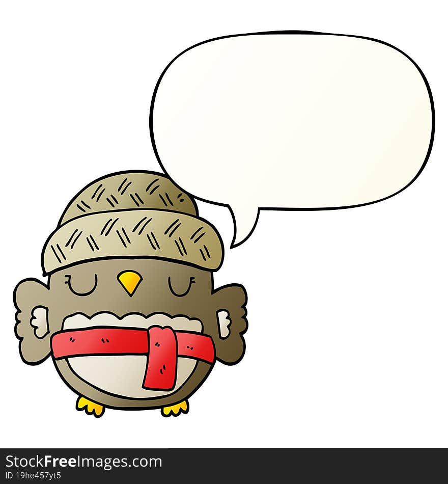 cute cartoon owl in hat and speech bubble in smooth gradient style