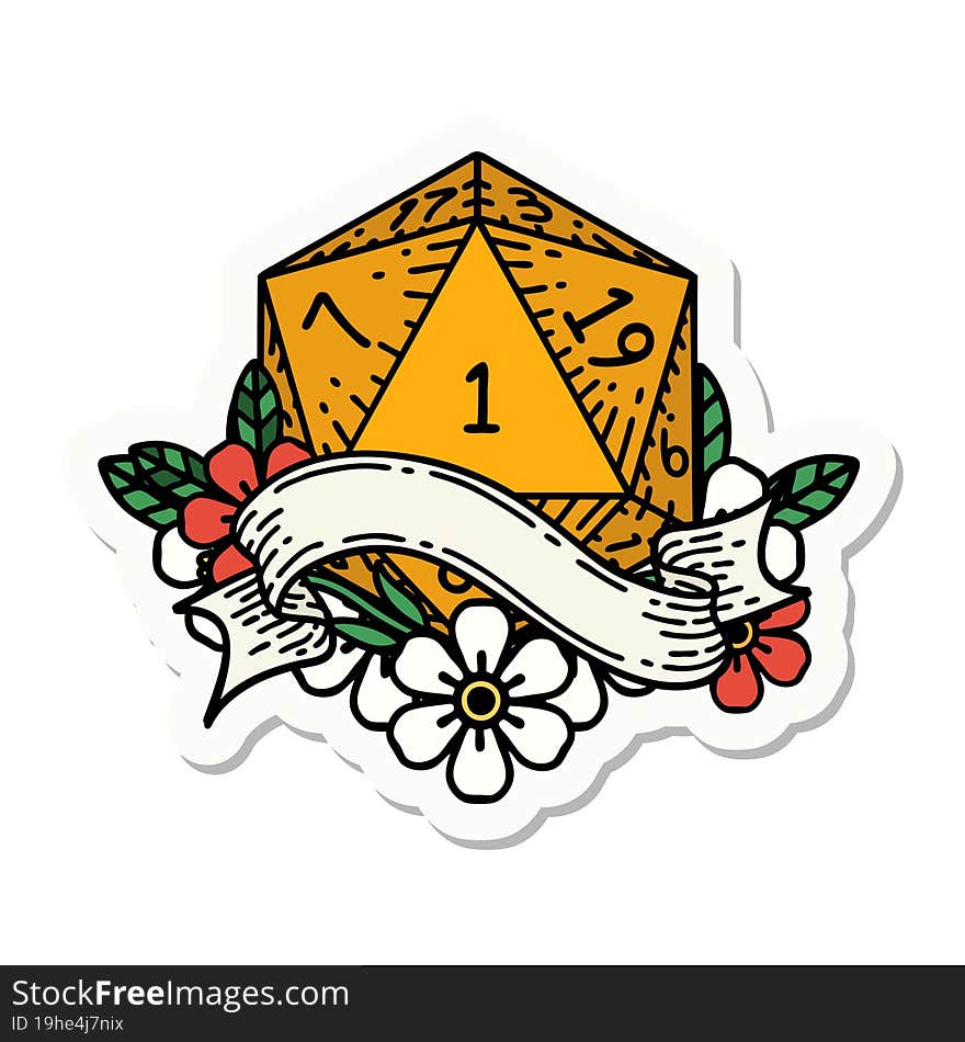 sticker of a natural one d20 dice roll. sticker of a natural one d20 dice roll