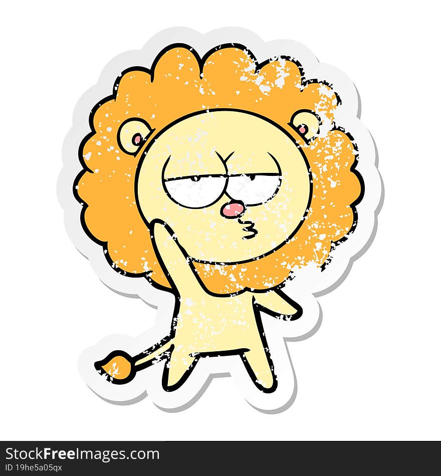 distressed sticker of a cartoon bored lion waving