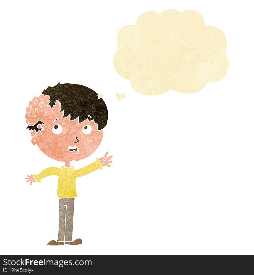 cartoon boy with growth on head with thought bubble