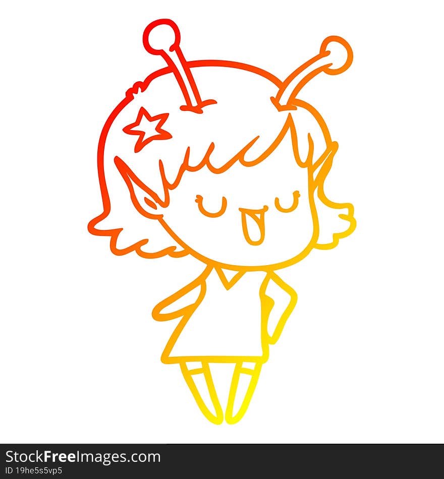 warm gradient line drawing of a happy alien girl cartoon laughing