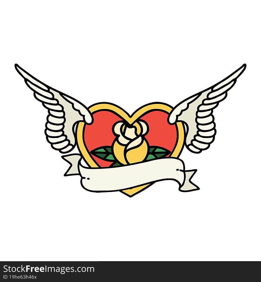 tattoo in traditional style of a flying heart with flowers and banner. tattoo in traditional style of a flying heart with flowers and banner