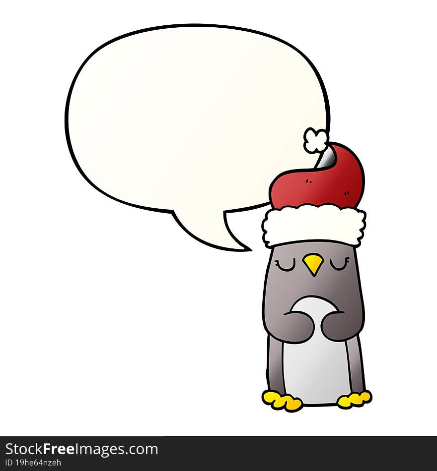 cartoon christmas penguin and speech bubble in smooth gradient style